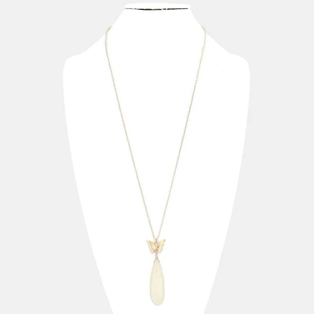 Ivory Butterfly Natural Stone Teardrop Link Pendant Long Necklace - Jewelry Store by Erik Rayo