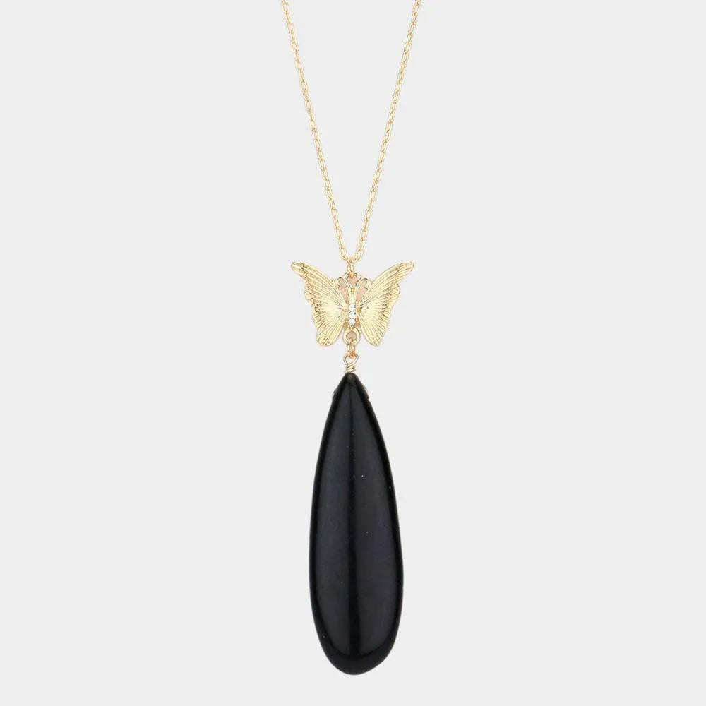 Black Butterfly Natural Stone Teardrop Link Pendant Long Necklace - Jewelry Store by Erik Rayo