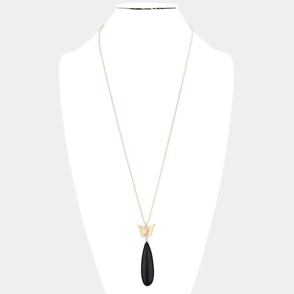 Black Butterfly Natural Stone Teardrop Link Pendant Long Necklace - Jewelry Store by Erik Rayo