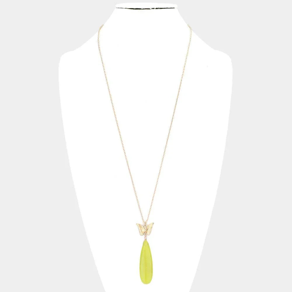 Butterfly Natural Stone Teardrop Link Pendant Long Necklace - Jewelry Store by Erik Rayo
