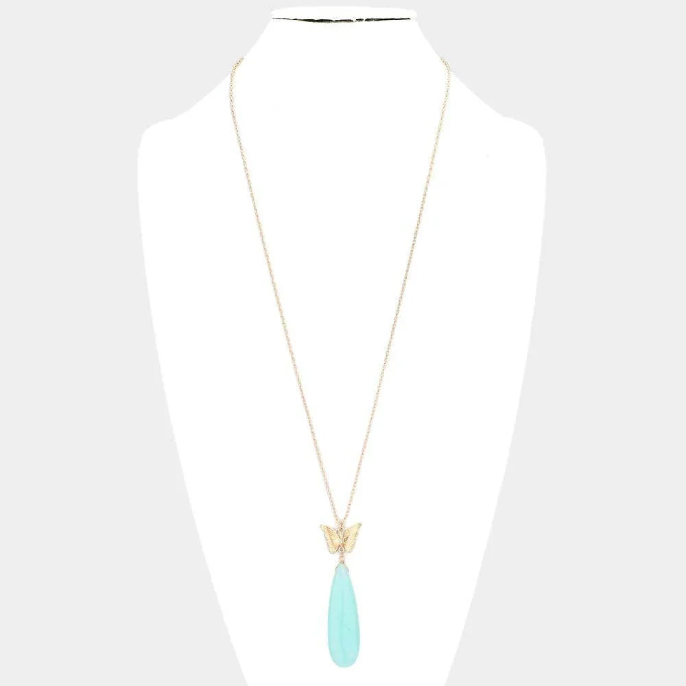 Blue Butterfly Natural Stone Teardrop Link Pendant Long Necklace - Jewelry Store by Erik Rayo