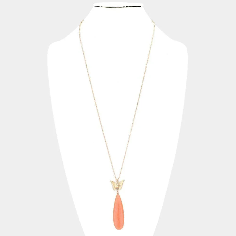 Butterfly Natural Stone Teardrop Link Pendant Long Necklace - Jewelry Store by Erik Rayo