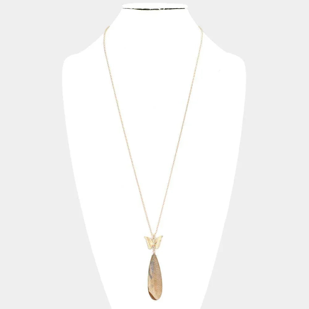 Brown Butterfly Natural Stone Teardrop Link Pendant Long Necklace - Jewelry Store by Erik Rayo