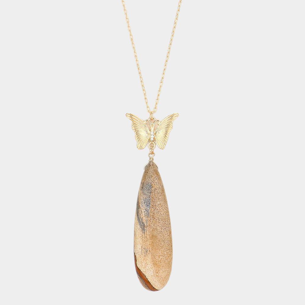 Brown Butterfly Natural Stone Teardrop Link Pendant Long Necklace - Jewelry Store by Erik Rayo