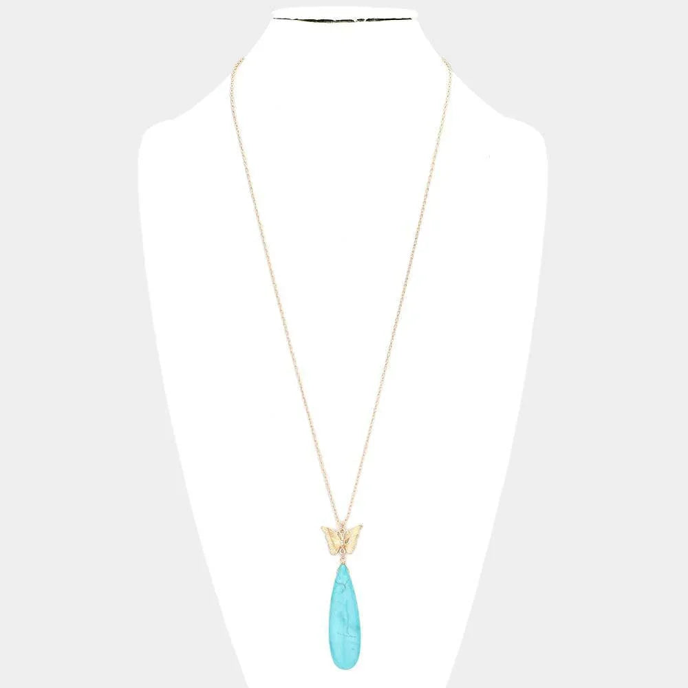 Turquoise Butterfly Natural Stone Teardrop Link Pendant Long Necklace - Jewelry Store by Erik Rayo
