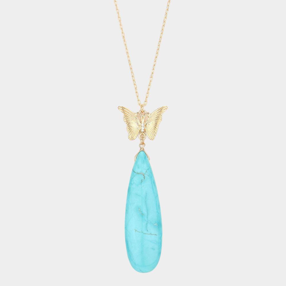 Turquoise Butterfly Natural Stone Teardrop Link Pendant Long Necklace - Jewelry Store by Erik Rayo
