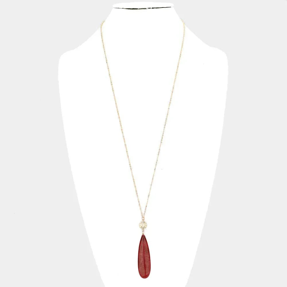 Textured Metal Round Natural Stone Teardrop Link Pendant Long Necklace - Jewelry Store by Erik Rayo