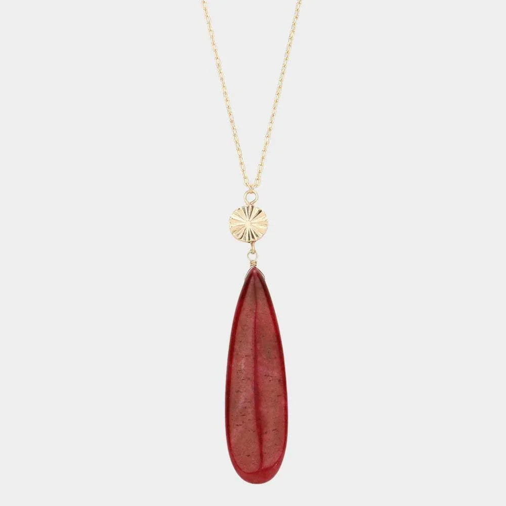Textured Metal Round Natural Stone Teardrop Link Pendant Long Necklace - Jewelry Store by Erik Rayo