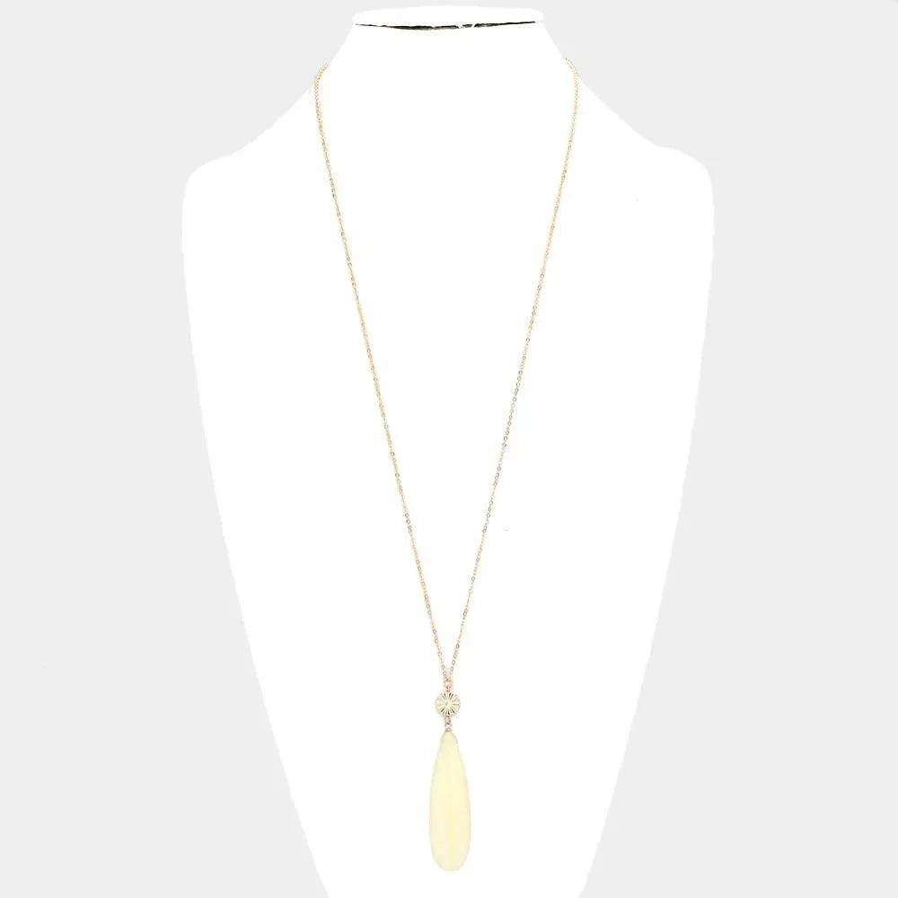 Ivory Textured Metal Round Natural Stone Teardrop Link Pendant Long Necklace - Jewelry Store by Erik Rayo