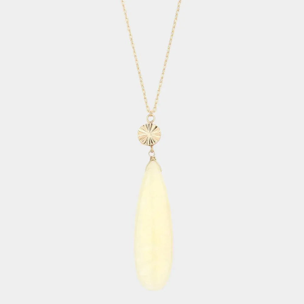 Ivory Textured Metal Round Natural Stone Teardrop Link Pendant Long Necklace - Jewelry Store by Erik Rayo