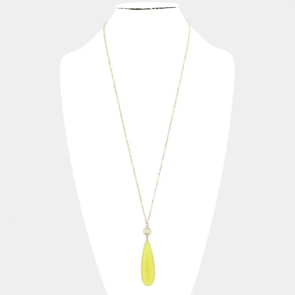 Textured Metal Round Natural Stone Teardrop Link Pendant Long Necklace - Jewelry Store by Erik Rayo