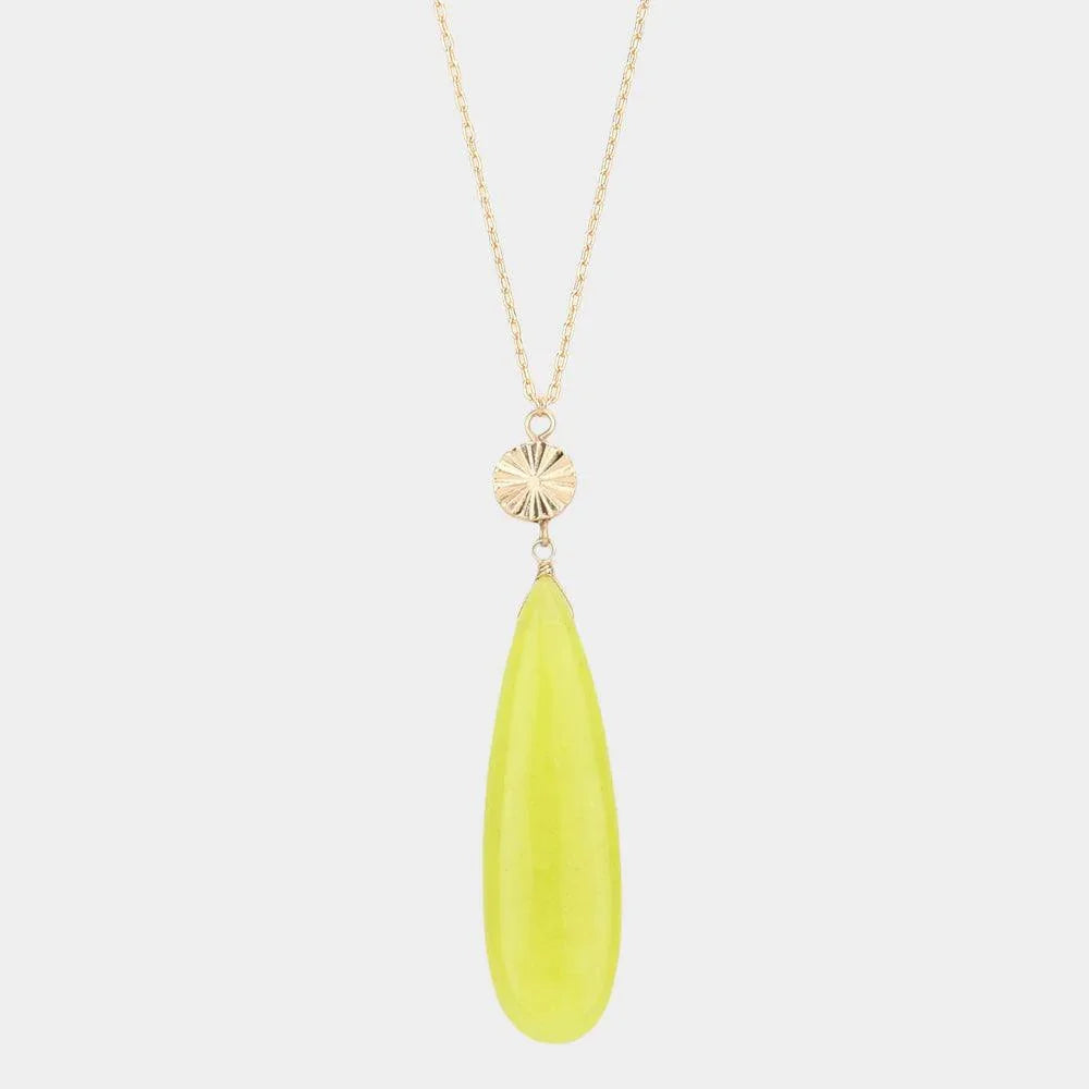 Textured Metal Round Natural Stone Teardrop Link Pendant Long Necklace - Jewelry Store by Erik Rayo