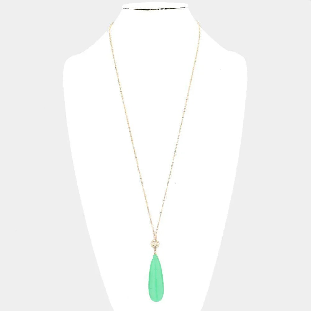 Green Textured Metal Round Natural Stone Teardrop Link Pendant Long Necklace - Jewelry Store by Erik Rayo
