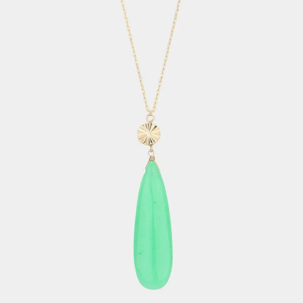 Green Textured Metal Round Natural Stone Teardrop Link Pendant Long Necklace - Jewelry Store by Erik Rayo