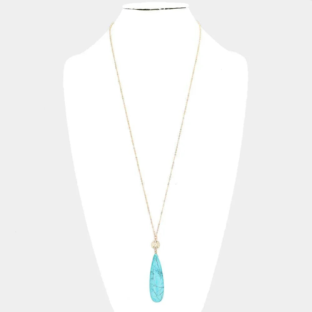 Turquoise Textured Metal Round Natural Stone Teardrop Link Pendant Long Necklace - Jewelry Store by Erik Rayo