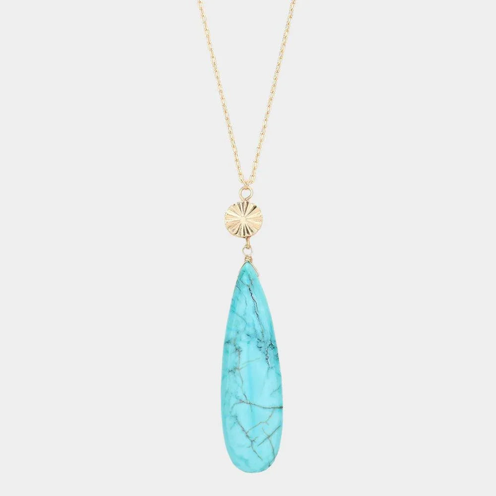 Turquoise Textured Metal Round Natural Stone Teardrop Link Pendant Long Necklace - Jewelry Store by Erik Rayo