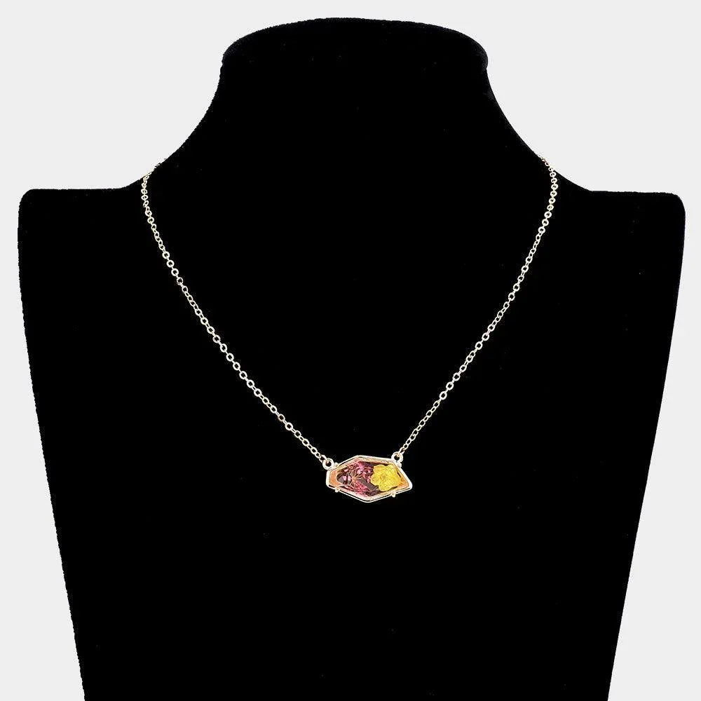 Pink Angled Metal Trimmed Pressed Flower Pendant Necklace - Jewelry Store by Erik Rayo