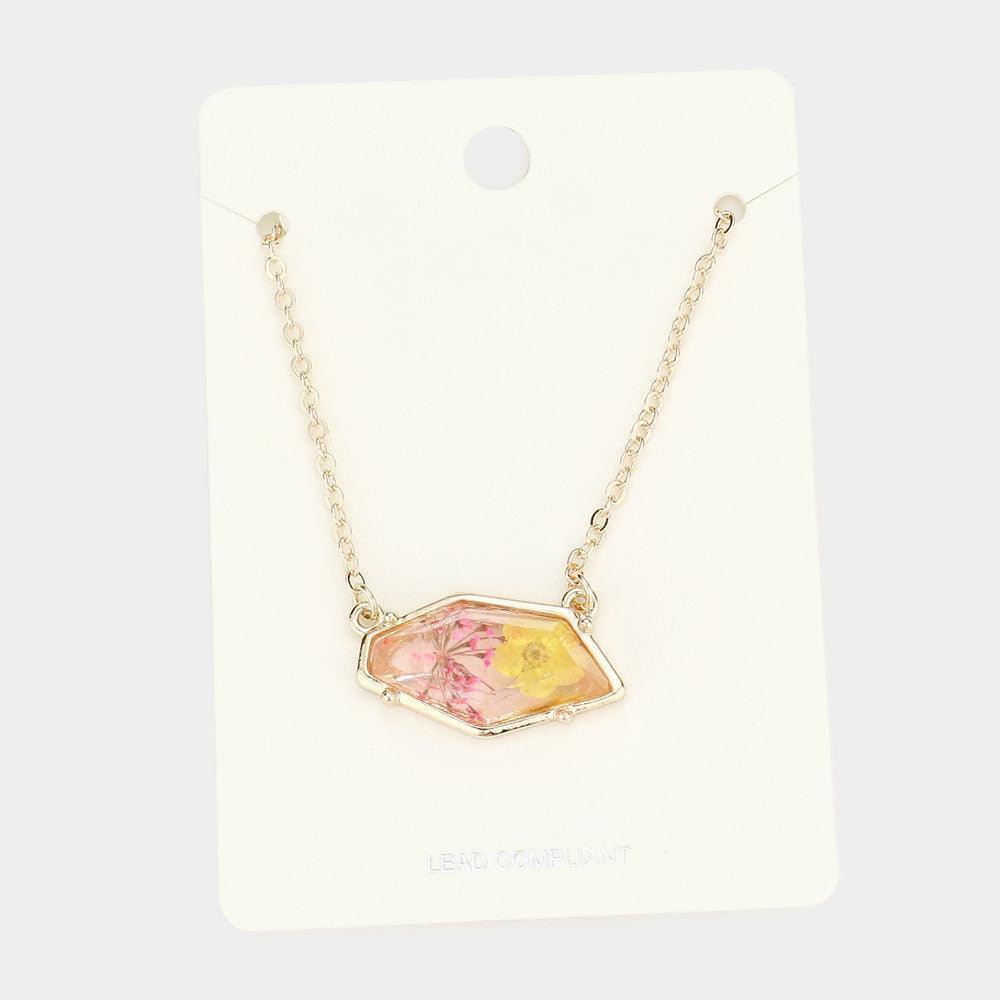 Pink Angled Metal Trimmed Pressed Flower Pendant Necklace - Jewelry Store by Erik Rayo