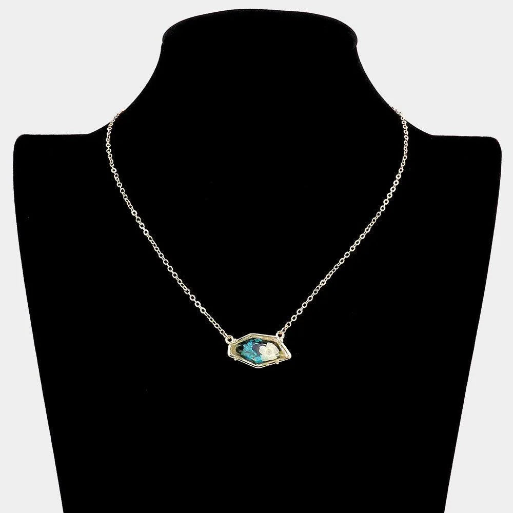 Turquoise Angled Metal Trimmed Pressed Flower Pendant Necklace - Jewelry Store by Erik Rayo
