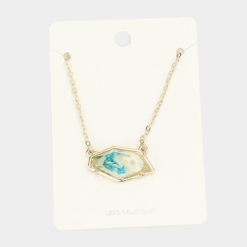 Turquoise Angled Metal Trimmed Pressed Flower Pendant Necklace - Jewelry Store by Erik Rayo