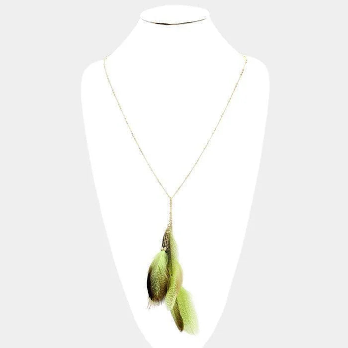 Green Layered Feather Pendant Long Necklace - Jewelry Store by Erik Rayo