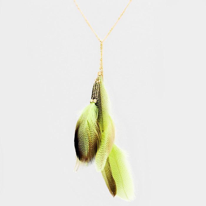 Green Layered Feather Pendant Long Necklace - Jewelry Store by Erik Rayo