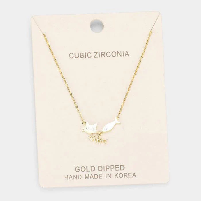 Gold Gold Dipped Cubic Zirconia Cat Fish Pendant Necklace - Jewelry Store by Erik Rayo