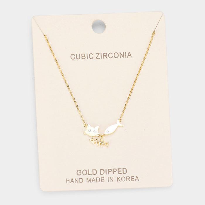 Gold Gold Dipped Cubic Zirconia Cat Fish Pendant Necklace