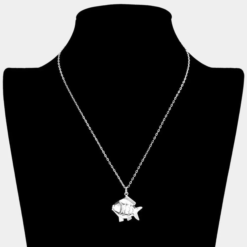 Silver Silver Plated Metal Fish Pendant Necklace - Jewelry Store by Erik Rayo