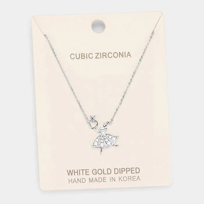 Clear White Gold Dipped Cubic Zirconia Ballerina Pendant Necklace - Jewelry Store by Erik Rayo