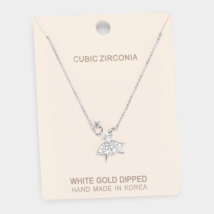 Clear White Gold Dipped Cubic Zirconia Ballerina Pendant Necklace