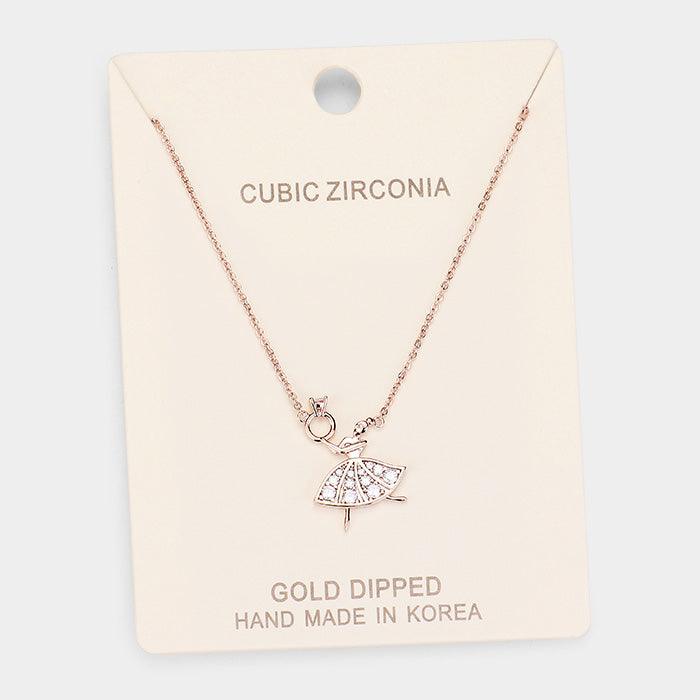 Rose Gold Gold Dipped Cubic Zirconia Ballerina Pendant Necklace