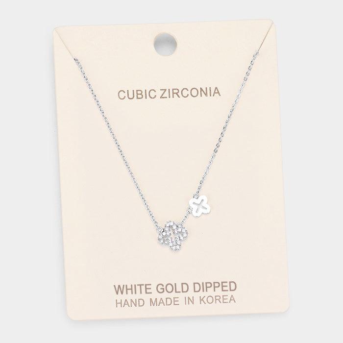 Gold White Gold Dipped Cubic Zirconia Quatrefoil Pendant Necklace