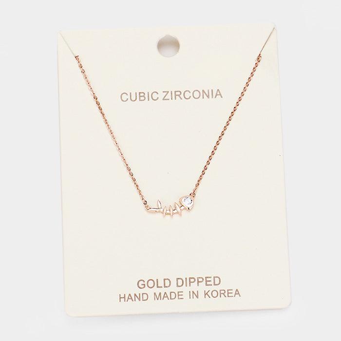 Rose Gold Gold Dipped Cubic Zirconia Fishbone Pendant Necklace