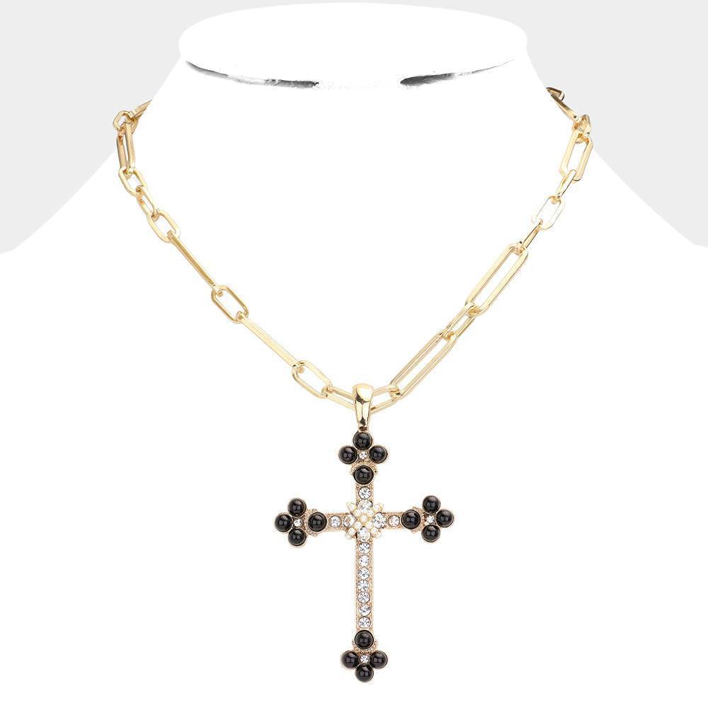 Black Round Stone Accented Stone Paved Cross Pendant Necklace - Jewelry Store by Erik Rayo