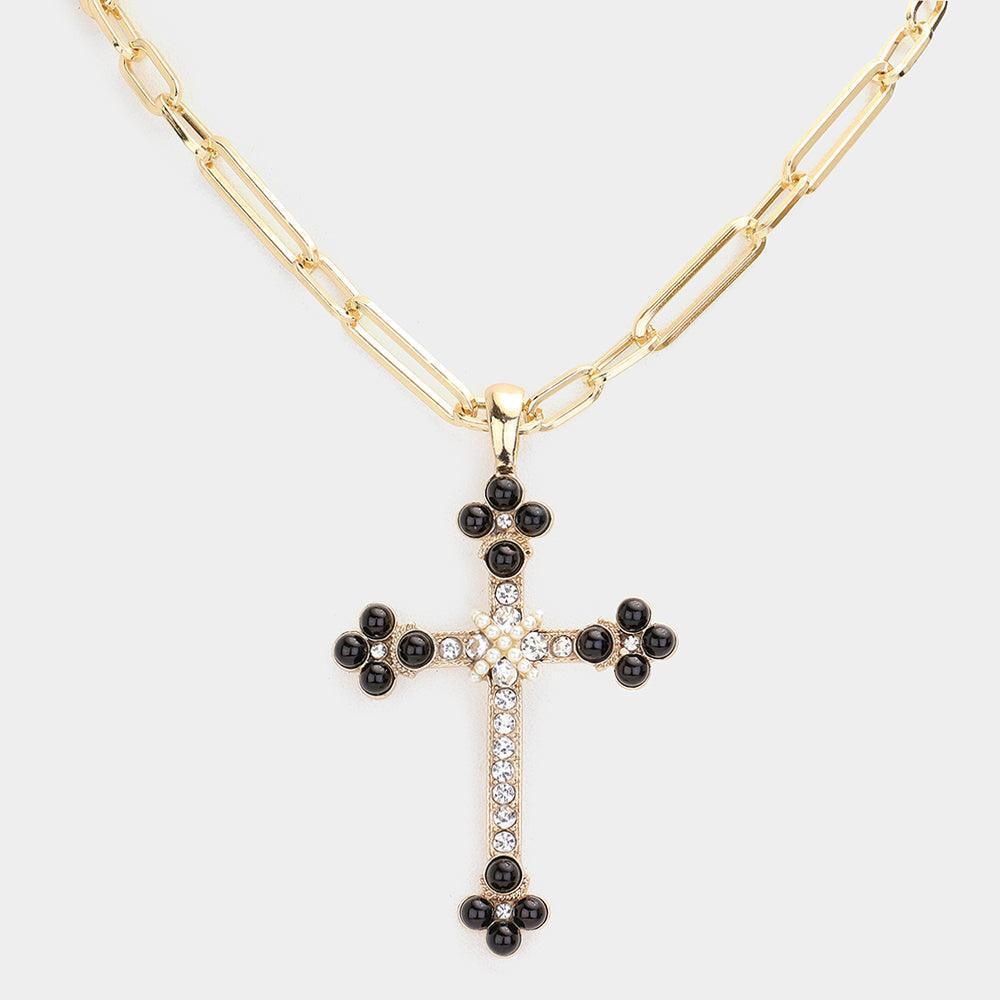 Black Round Stone Accented Stone Paved Cross Pendant Necklace - Jewelry Store by Erik Rayo