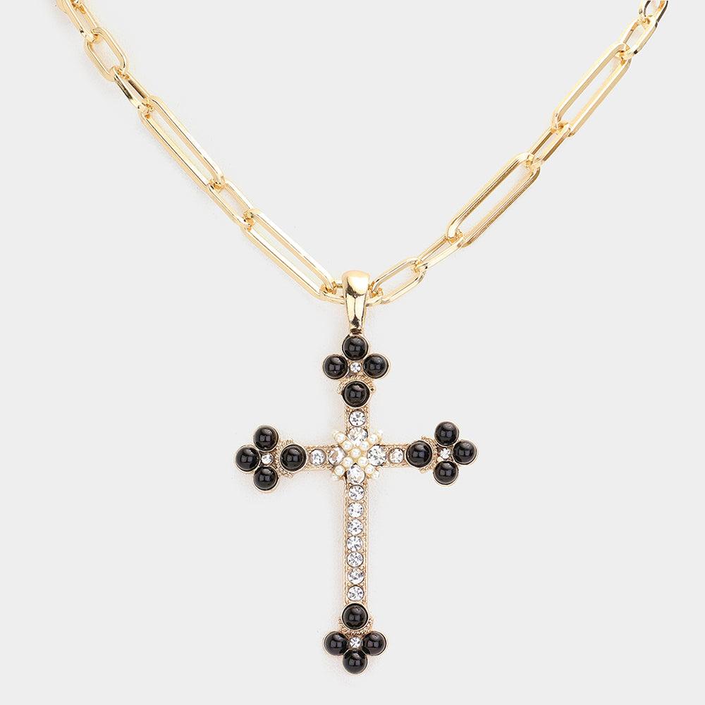 Black Round Stone Accented Stone Paved Cross Pendant Necklace