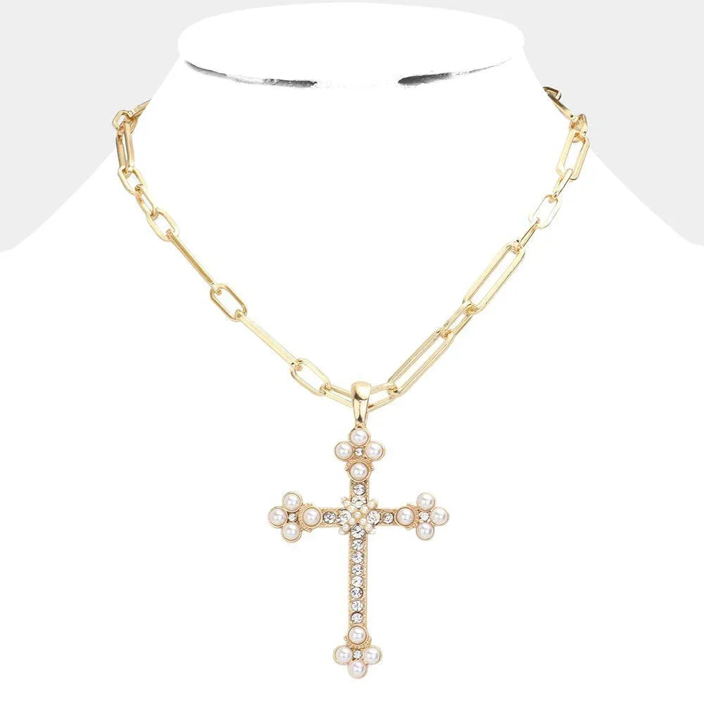 White Pearl Round Stone Accented Stone Paved Cross Pendant Necklace - Jewelry Store by Erik Rayo
