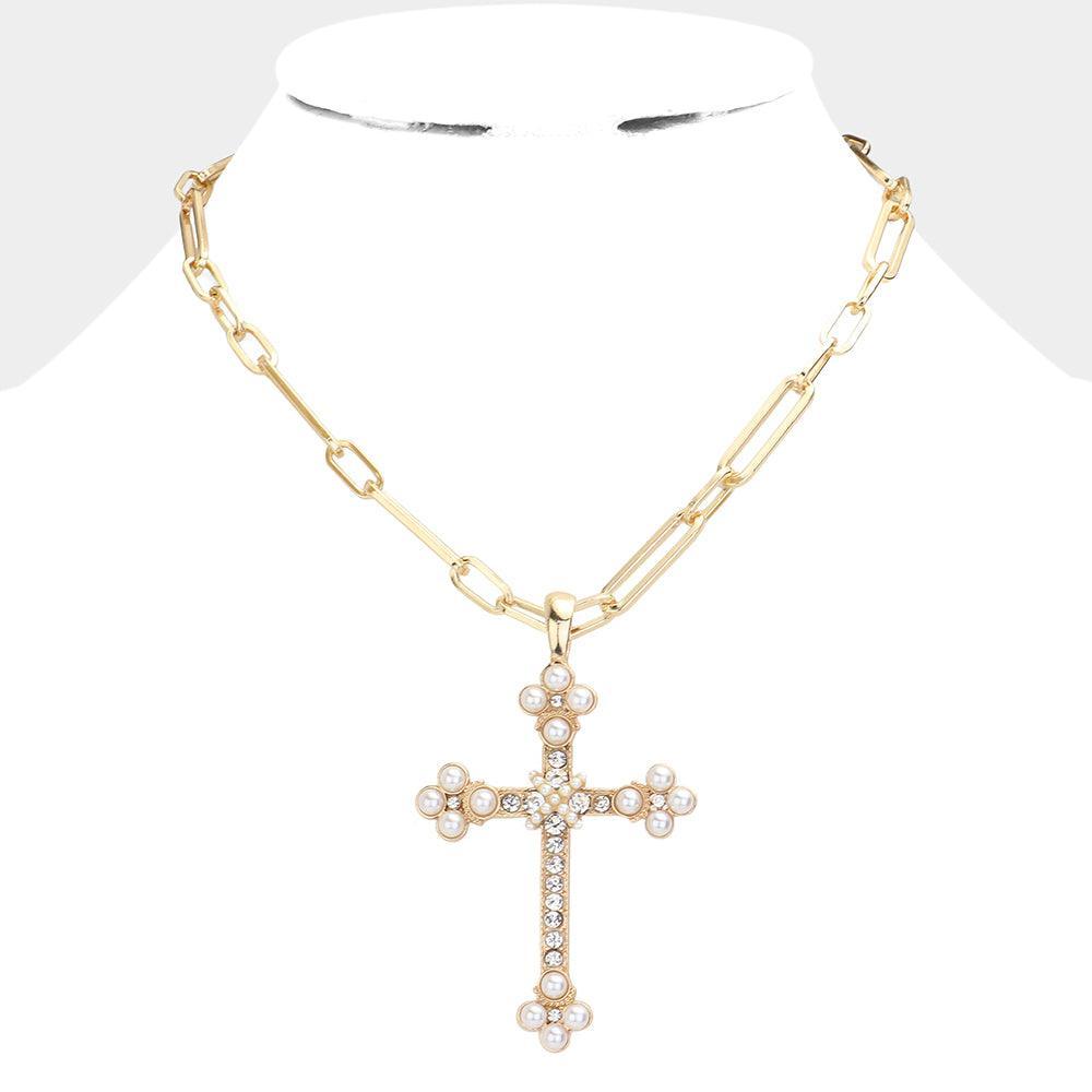 White Pearl Round Stone Accented Stone Paved Cross Pendant Necklace