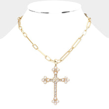 Load image into Gallery viewer, White Pearl Round Stone Accented Stone Paved Cross Pendant Necklace

