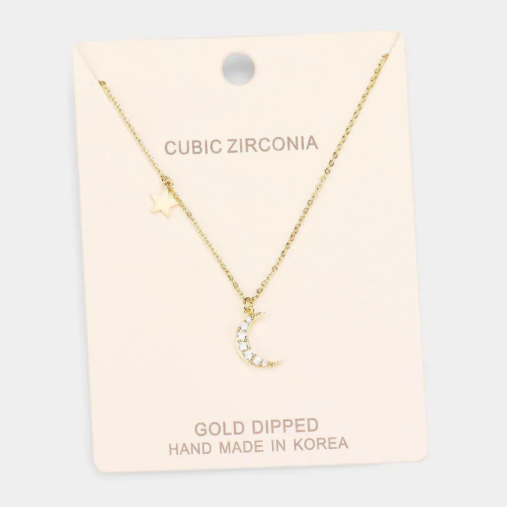 Gold Gold Dipped Cubic Zirconia Moon Star Pendant Necklace - Jewelry Store by Erik Rayo