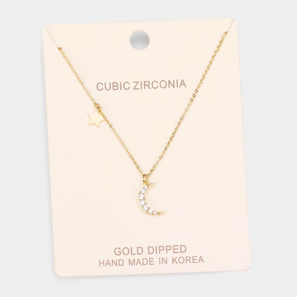 Gold Gold Dipped Cubic Zirconia Moon Star Pendant Necklace