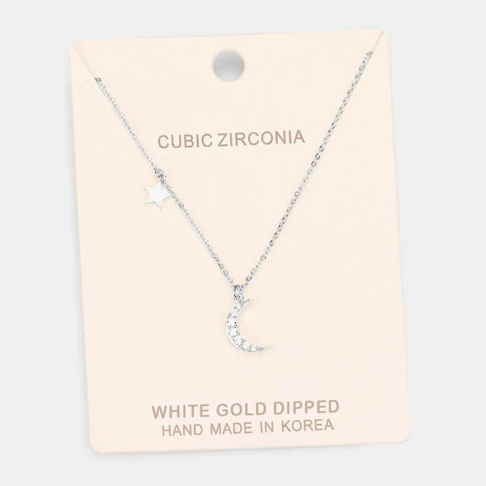 Gold White Gold Dipped Cubic Zirconia Moon Star Pendant Necklace - Jewelry Store by Erik Rayo