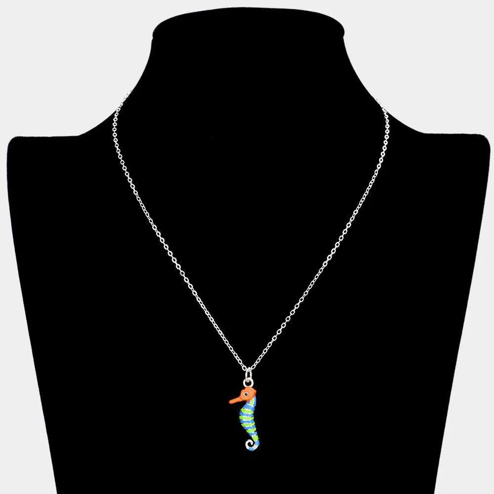 Silver Plated Enamel Metal Seahorse Pendant Necklace - Jewelry Store by Erik Rayo