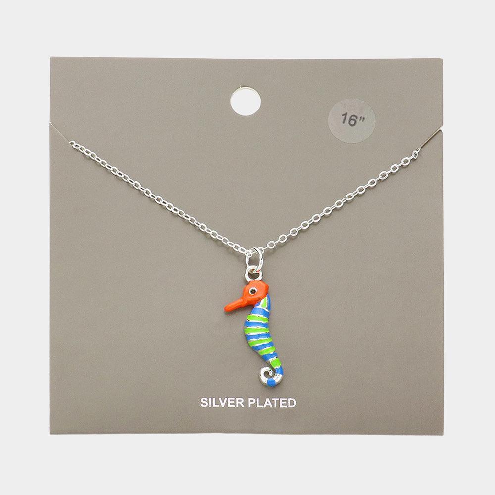 Silver Plated Enamel Metal Seahorse Pendant Necklace - Jewelry Store by Erik Rayo