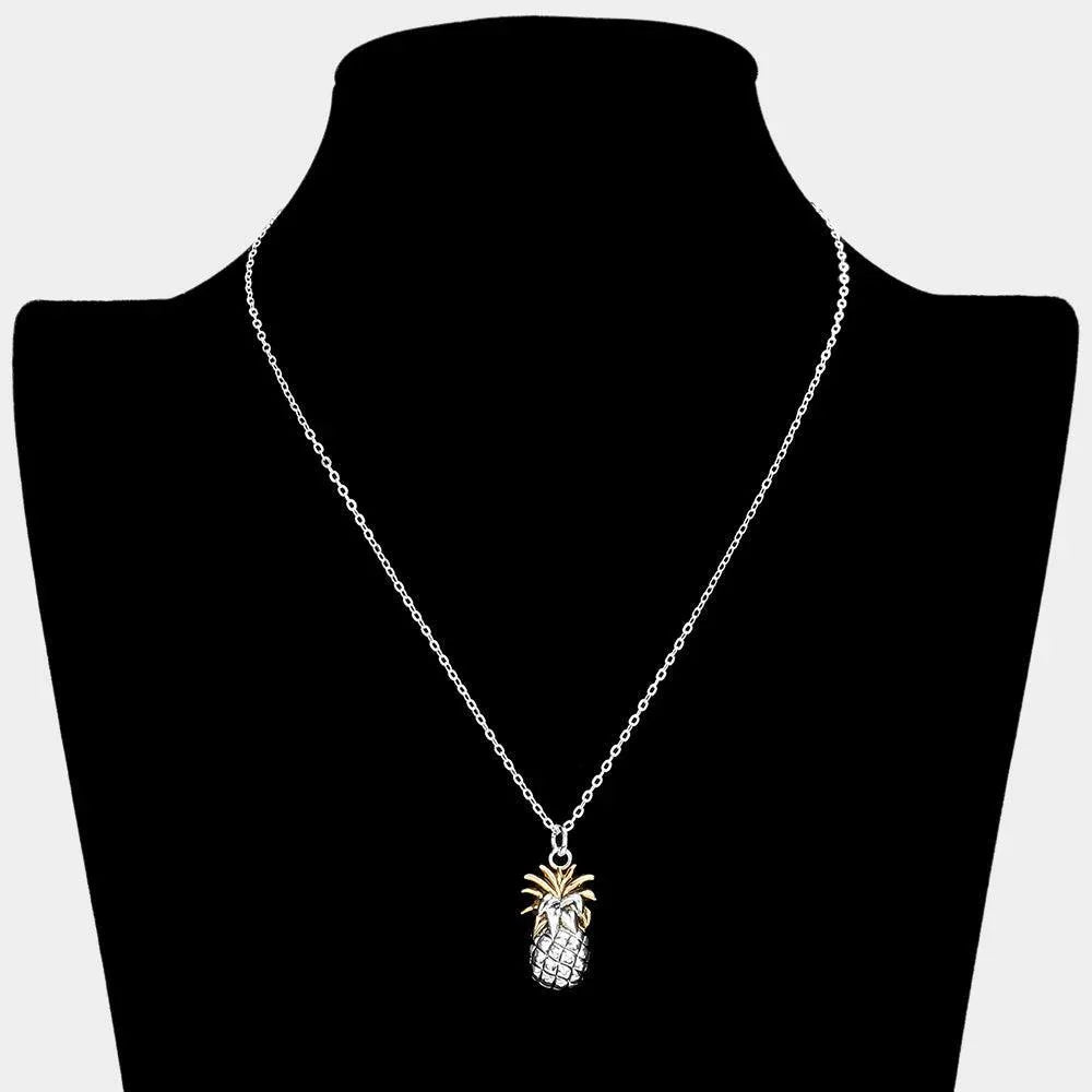 Two Tone Silver Plated Metal Pineapple Pendant Necklace - Jewelry Store by Erik Rayo