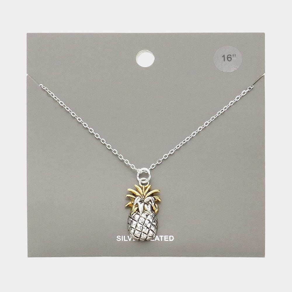 Two Tone Silver Plated Metal Pineapple Pendant Necklace - Jewelry Store by Erik Rayo