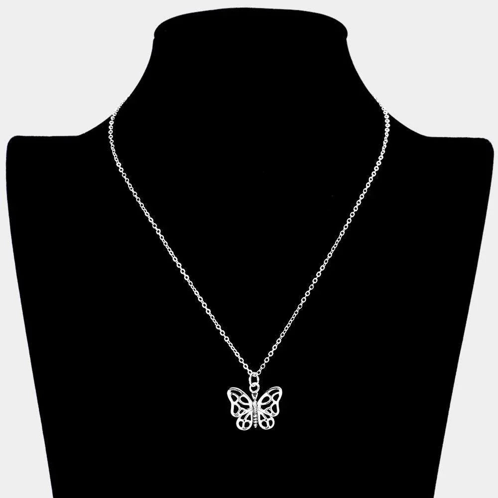 Silver Silver Plated Metal Butterfly Pendant Necklace - Jewelry Store by Erik Rayo