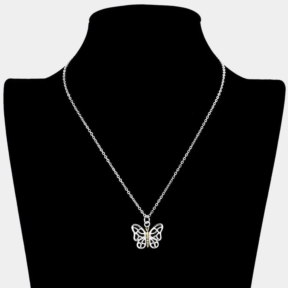 Two Tone Silver Plated Metal Butterfly Pendant Necklace - Jewelry Store by Erik Rayo