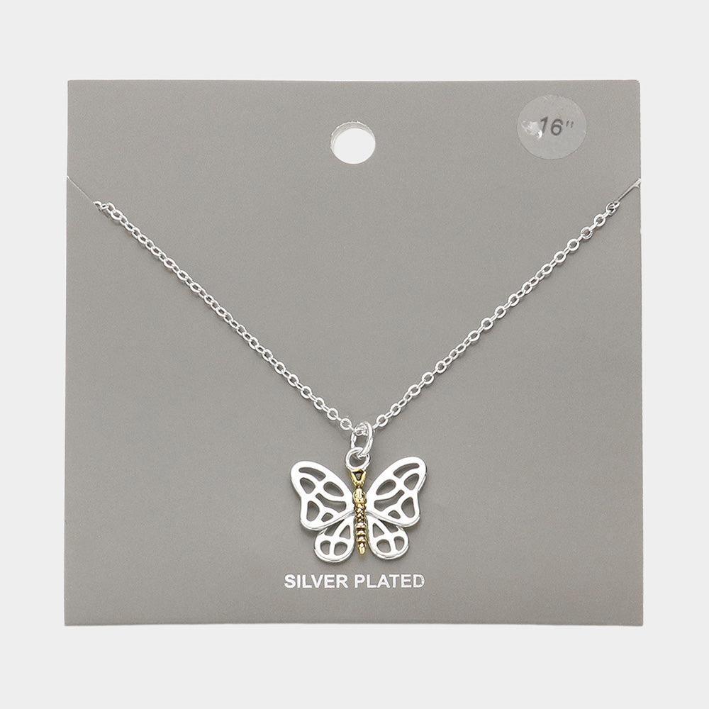 Two Tone Silver Plated Metal Butterfly Pendant Necklace - Jewelry Store by Erik Rayo